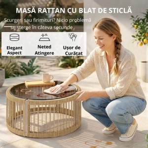 Set mobilier gradina 4 piese, PE-rattan/metal/sticla/poliester, canapea 130x88x78cm + 2 fotolii 73x88x78cm + masa Ø71x32cm, perne 12cm grosime, canapea 240kg/fotoliu 120kg/masa 50kg, lemn natural/maro - Verificat A · Re-Bloom - Img 5