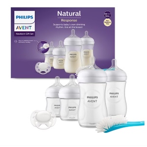 Set nou-nascut Philips Avent Natural Response SCD838/11, tetina care functioneaza ca sanul mamei, tetina fara scurgeri, 4 biberoane, suzeta ultra-soft 0-6 luni, perie pentru biberon, Resigilat, Grad A