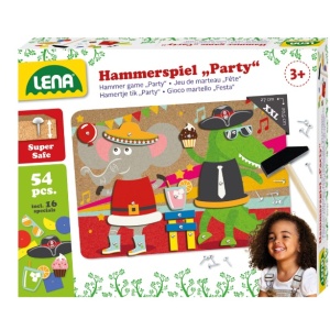 Set party cu ciocan si cuie Lena, pentru copii, 38 piese din lemn, 16 forme imprimate si accesorii