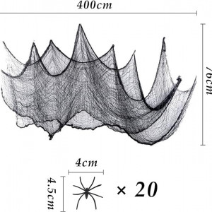 Set plasa si 20 paianjeni pentru Halloween Coolon, poliester/plastic, negru, 76 x 400 cm