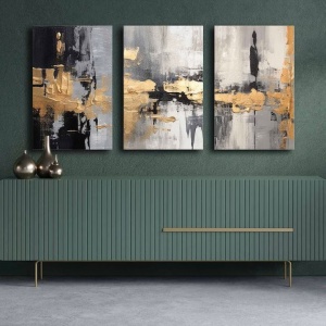 Set tablou decorativ Re-Bloom, 3 piese, lemn masiv/panza, gri/auriu/negru, 145 x 70 cm