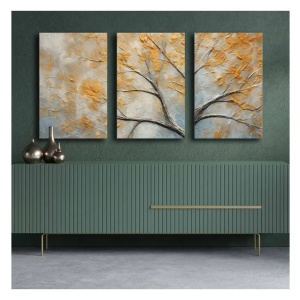 Set tablou decorativ Re-Bloom, 3 piese, lemn masiv/panza, gri/galben, 145 x 70 cm