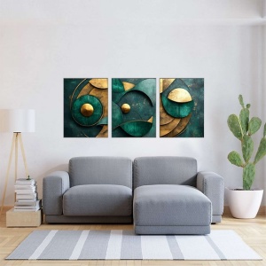 Set tablou decorativ Re-Bloom, 3 piese, MDF, verde/auriu, 40 x 90 cm - Img 1