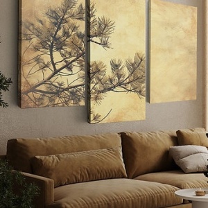 Set tablou decorativ Re-Bloom, 3 piese, model ramuri de copac, panza/lemn, auriu/negru