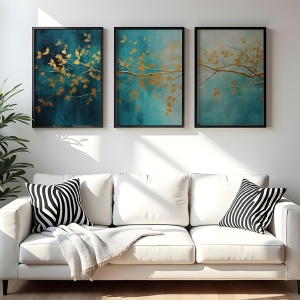 Set tablouri decorative Re-Bloom, 3 piese, MDF/lemn masiv, albastru/auriu, 50 x 70 cm - Img 3