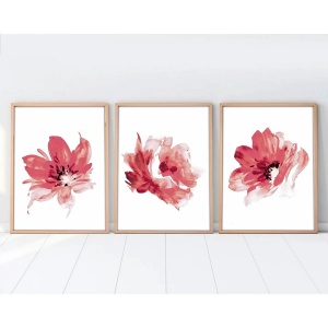 Set tablouri decorative Re-Bloom, 3 piese, model floral, MDF/lemn masiv, alb/rosu, 50 x 70 cm