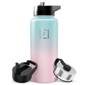 Sticla din otel inoxidabil IRON °FLASK, 3 capace, rece 24 ore / cald 12 ore, izolata, roz/albastru deschis, fara BPA, 950 ml
