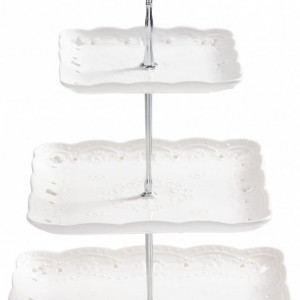 Suport cu 3 nivele pentru prajituri VIVILINEN, ceramica/metal, alb/argintiu, 25 x 25 x 37 cm - Img 1