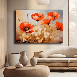 Tablou canvas Re-Bloom, model floral, lemn masiv/panza, bej/rosu, 70 x 100 cm - Img 2