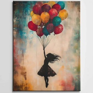 Tablou decorativ canvas model fetita cu baloane, 70x100 cm, panza/lemn, multicolor - Verificat A · Re-Bloom - Img 4