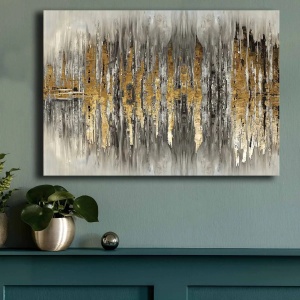 Tablou decorativ Re-Bloom, lemn masiv/panza, gri/auriu/negru, 70 x 100 cm