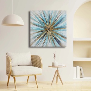 Tablou decorativ Re-Bloom, model abstract, panza/lemn masiv, albastru/auriu, 69 x 69 cm