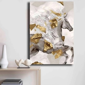Tablou decorativ Re-Bloom, model cal, panza/lemn, gri/auriu/alb, 70 x 100 cm - Img 3