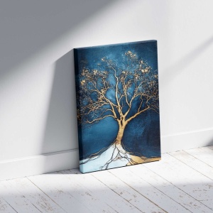 Tablou decorativ Re-Bloom, model copac, panza/lemn masiv, albastru/auriu, 60 x 90 cm - Img 2