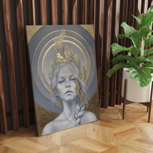 Tablou decorativ Re-Bloom, model femeie, panza/lemn, gri/auriu, 70 x 100 cm - Img 2