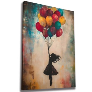Tablou decorativ Re-Bloom, model fetita cu baloane, panza/lemn, multicolor, 70 x 100 cm