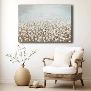 Tablou decorativ Re-Bloom, model floral, lemn/panza, alb/maro/gri, 70 x 100 cm