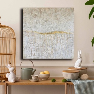 Tablou decorativ Re-Bloom, panza/lemn masiv, gri/auriu, 70 x 70 cm