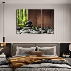 Tablou First Wall Art, 3 piese, panza/lemn, maro/gri/verde, 80 x 40 cm