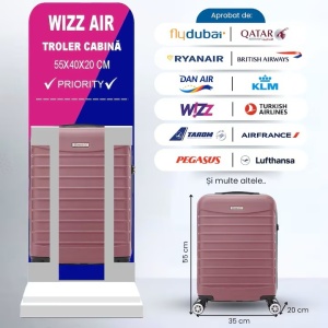 Troler cabina avion, Model Line, 4 roti duble cu rotatie 360°, maner telescopic, cifru, 55 x 36 x 20 cm, ABS, roz pudrat, Resigilat, Grad A - Img 2