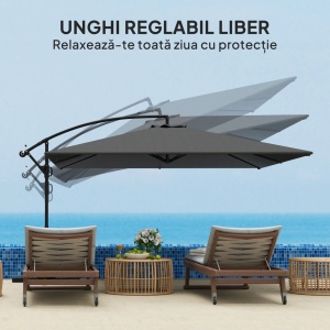 Umbrela de gradina cu brat lateral, metal/poliester, 355x382x258 cm, baza cruce 100x100cm, rotatie 360°, inclinabila, deschidere manuala, rezistenta vant nivel 3-4, gri - Verificat A · Re-Bloom - Img 3