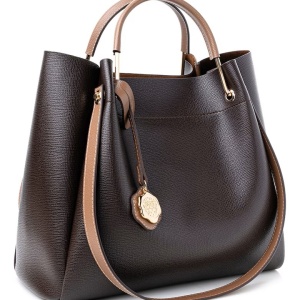 Vince Camuto geanta de umar piele ecologica, 28x32x14 cm, 2 manere + 2 barete fixe, fermoar, portofel interior, detalii aurii, maro inchis - Verificat A · Re-Bloom - Img 3