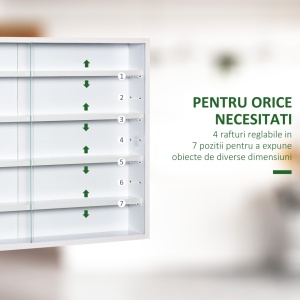 Vitrina suspendata de perete 80x9.5x60 cm, 5 rafturi reglabile, 2 usi glisante sticla, PAL, pentru figurine si parfumuri, alb - Verificat A · Re-Bloom - Img 4