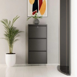 Woody Fashion dulap de pantofi 50x15x103 cm, metal 100% grosime 0.7mm, usi cu deschidere centrala magnetica, fixabil perete, antracit - Verificat A · Re-Bloom