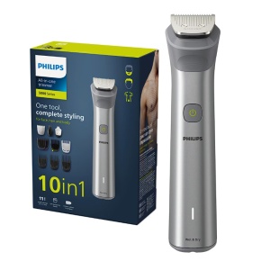 Aparat de tuns barba si parul 10 in 1 PHILIPS Multigroom All in One MG5920/15, tehnologie BeardSense, lame din otel cu auto-ascutire, 11 setari de lungime, rezistent la apa, husa, Negru / Argintiu, Resigilat, Grad A - Img 1