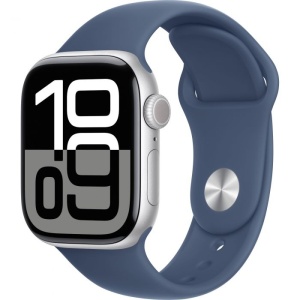 Apple Watch 10 GPS, Carcasa Jet Black Aluminium Case 46mm, Silver Denim Sport Band - S/M, RESIGILAT, GRAD B, GARANTIE 12 LUNI