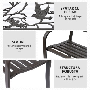 Banca de exterior din otel si fonta cu spatar decorativ, 127x60x85 cm, sezut 120.65x40.64cm/inaltime 40.5cm, spatar 118.74x33cm, cotiere 62cm, capacitate 240kg, maro - Verificat A · Re-Bloom - Img 6