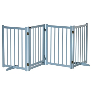 Bariera pliabila pentru caini, lemn de pin, 237.5x36x80 cm pliata 59.5x7.6x80 cm, 4 panouri + usa, potrivita caini talie mica/medie (piept max 50cm), albastru gri - Verificat A · Re-Bloom