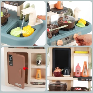 Bucatarie copii, Rovo 187, aragaz de jucarie, chiuveta cu circuit de apa, aragaz aburi, sunete, lumini, frigider, fructe, legume, multiple accesorii, 42 de piese - Img 7