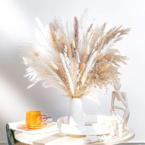 Buchet de 73 fire pampas Sunshine Smile, flori uscate, alb/maro, 43 cm 