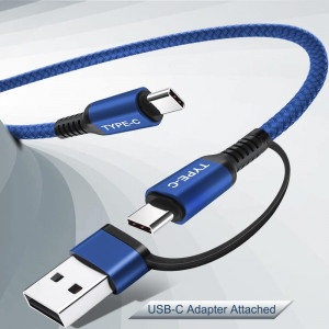 Cablu USB C la USB C cu adaptor USB A Basesailor, aluminiu/nailon, albastru/negru, 2 m, 100 W - Img 3