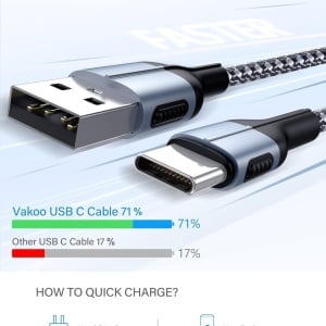 Cablu USB C Vakoo, nailon/metal, gri/negru, 2 m