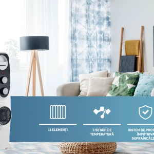 Calorifer cu ulei Heinner HOH-MVT11WH-BK, 11 elementi, Putere 2300W, Ventilator turbo, 3 setari de temperatura, Termostat ajustabil, Protectie supraincalzire, Alb/Negru - Img 2