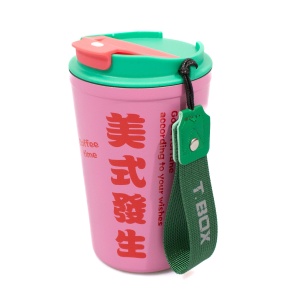 Cana termos pentru cafea, otel inoxidabil, 380ml, roz cu verde