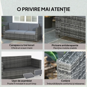 Canapea de exterior 3 locuri, ratan PE/metal/poliester, 185x70x80 cm, sezut 165x60cm/inaltime 35cm, perne sezut 10cm + spatar 8cm cu huse detasabile, capacitate 180kg/loc, gri - Verificat A · Re-Bloom - Img 5