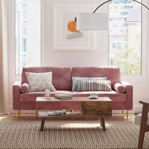 Canapea Vasagle, 3 locuri, catifea/lemn/metal, roz/auriu, 78 x 88 x 183 cm