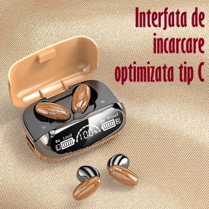 Casti Audio Wireless fara fir, Bluetooth 5.1, tip Earbuds cu Control Touch, Microfon, Noise Cancelling, True Wireless Stereo, tip Earpods Telefon, Universale, Carcasa magnetica, Lemn - Img 4