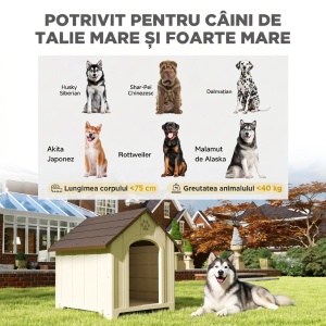 Casuta pentru caini de exterior talie mare/XL, PP impermeabil, 102x94x103 cm, interior 95x82x91cm, usa 42x63cm, ferestre 14x12cm, picioare 5cm, potrivita animale <75cm/<40kg, bej/maro inchis - Verificat A · Re-Bloom - Img 5
