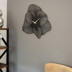 Ceas decorativ de perete Re-Bloom, model floare, otel, negru, 49 x 49 cm