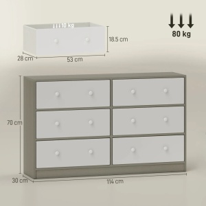 Comoda cu 6 sertare pliabile 114x30x70 cm, MDF, cadru otel, sertare textil netesut 100% poliester, manere duble, alb si gri - Verificat A · Re-Bloom - Img 3