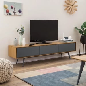 Comoda TV Danica, MDF/metal, natur/gri inchis mat, 180 x 45 x 40 cm