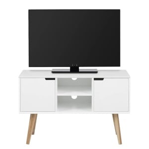 Comoda TV Nees, MDF/lemn masiv, alb/natur, 96 x 63 x 38 cm