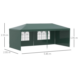 Cort de gradina 6x3m, cadru otel/tesatura PE, 5.85x2.95x2.55m, streasina 1.95m, pereti detasabili, ferestre 1.8x1.03m, 6 sfori + 12 tarusi, verde - Verificat A · Re-Bloom - Img 3