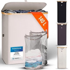 Cos pentru rufe Hennez, Premium, 2 compartimente, bej, 140 l, Resigilat, Grad A