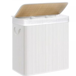 Cos pentru rufe Songmics, 3 compartimente, bambus/textil, alb, 60 x 40 x 61,5 cm, Resigilat, Grad A