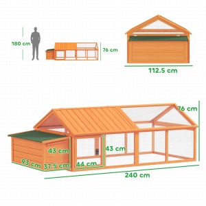 Cotet pentru gaini cu acoperis rabatabil si usa larga, lemn de brad/plasa metalica, 240x112.5x76 cm, streasina 49cm, cuib 37.5x93x43cm, usa 44x43cm, potrivit 4-8 gaini, portocaliu - Verificat A · Re-Bloom - Img 3